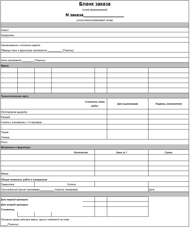 Каким должен быть бланк-заказ